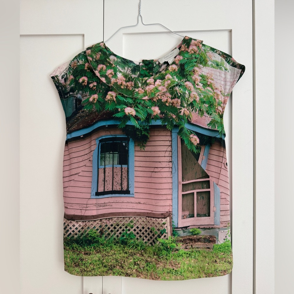 Sarah Ball for Anthropologie photoreal print pink house blouse